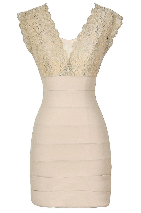 Wrapped In Lace Bodycon Dress in Beige WHAT'S NEW Lily Boutique